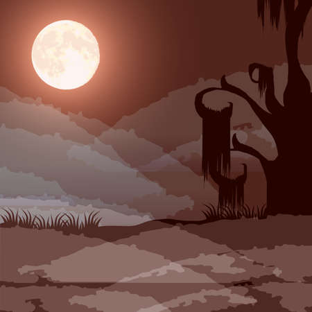 halloween dark forest scene with full moon vector illustration designのイラスト素材