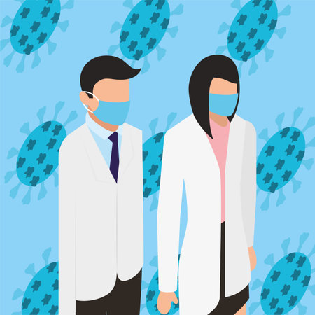professional doctors using face masks and covid19 particles vector illustration designのイラスト素材