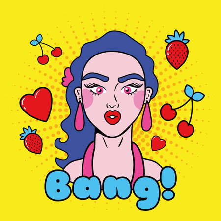 young woman with hearts and fruits pop art style vector illustration design