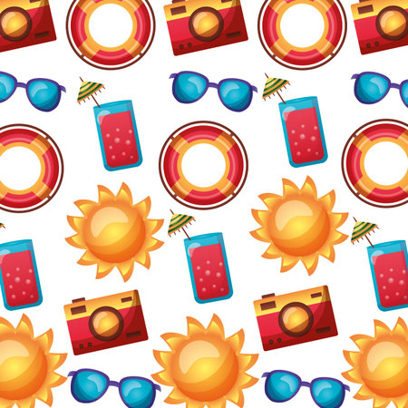 summer time holiday camera lifebuoy sunglasses cocktail sun background vector illustration
