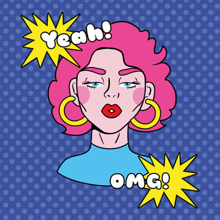 young woman with hair pink pop art style vector illustration designのイラスト素材