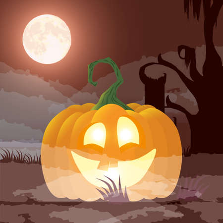 halloween dark night scene with pumpkin vector illustration designのイラスト素材