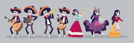 dia de los muertos card with mariachis and catrinas skuls vector illustration designのイラスト素材