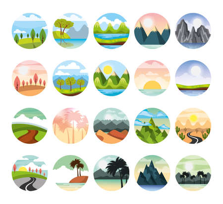 set of weather and landscapes scenes vector illustration designのイラスト素材