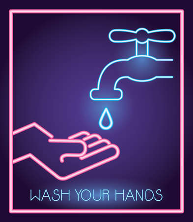 wash your hands for covid19 neon light style vector illustration designのイラスト素材