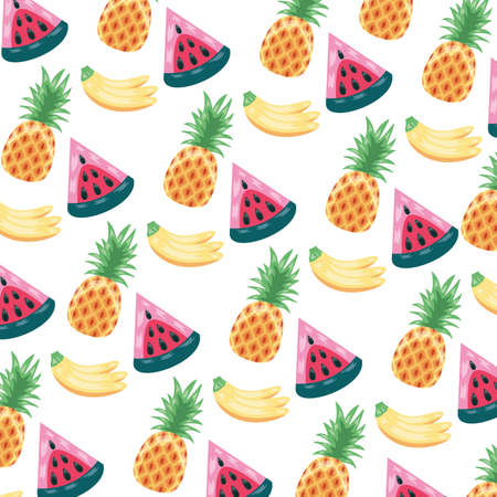 watermelon pineapple banana tropical fruits  white background vector illustrationのイラスト素材