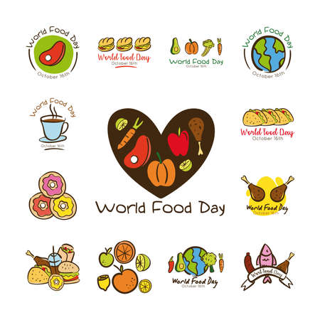 bundle of thirteen world food day celebration letterings flat style vector illustration designのイラスト素材