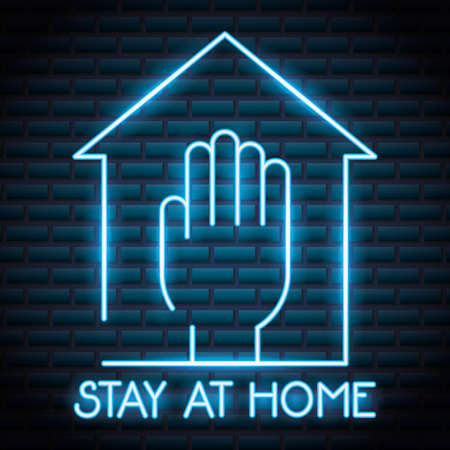 stay at home campaign with hand neon light vector illustration designのイラスト素材