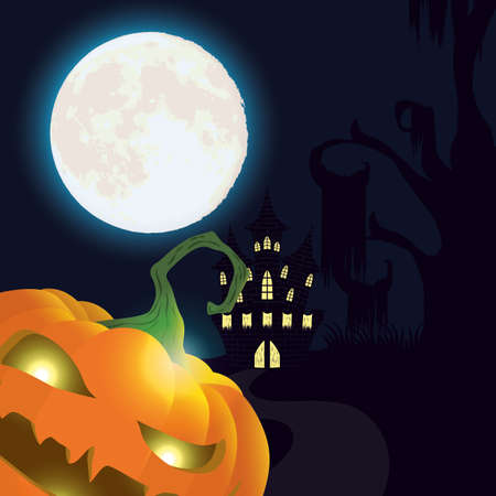 halloween dark night scene with pumpkin and castle vector illustration designのイラスト素材