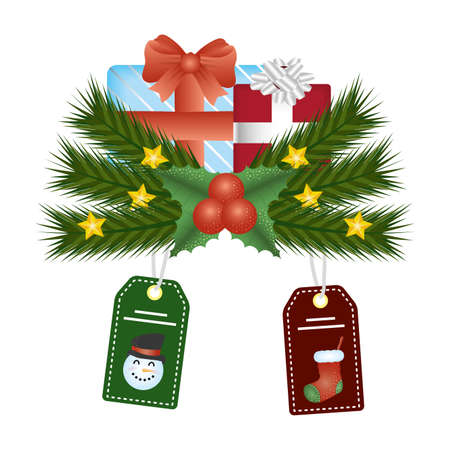 christmas gift box with tags of snowman and sock hanging vector illustration designのイラスト素材