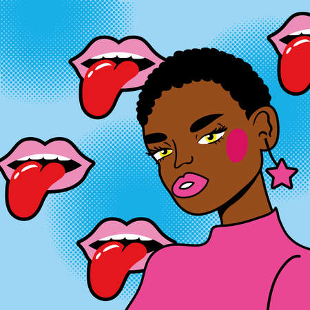 young afro woman with mouth pop art style vector illustration designのイラスト素材