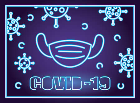 covid19 particles with face mask neon light style vector illustration designのイラスト素材