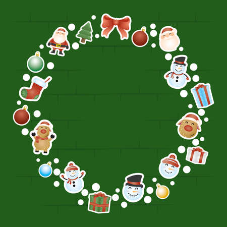 merry christmas card with characters circular frame vector illustration designのイラスト素材