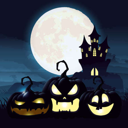 halloween dark night scene with pumpkins and castle vector illustration designのイラスト素材