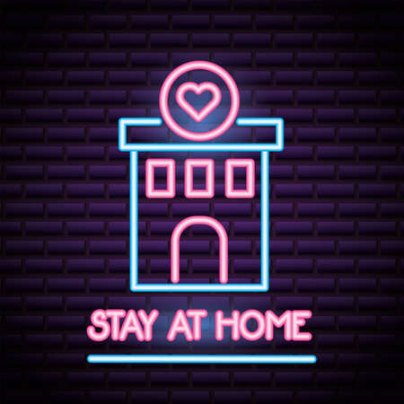 stay at home campaign for covid19 neon light style vector illustration designのイラスト素材