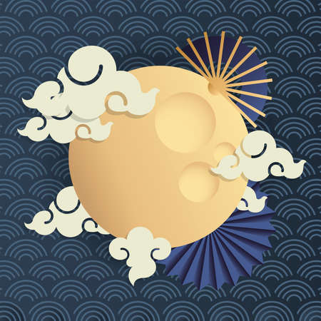 mid autumn festival poster with moon and clouds vector illustration designのイラスト素材