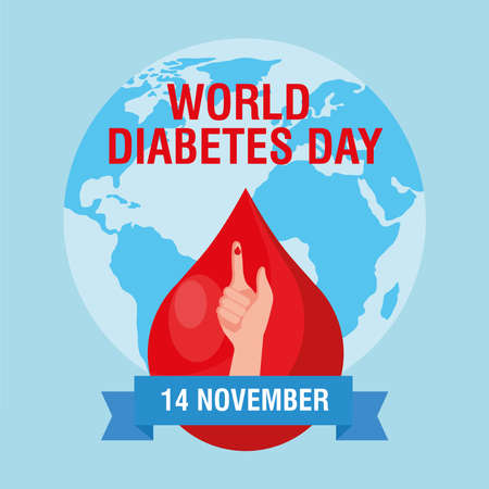world diabetes day campaign with blood drop in finger and earth planet vector illustration designのイラスト素材