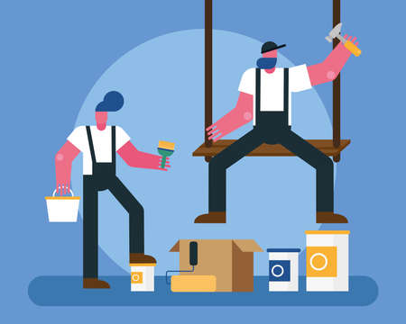 constructors workers team remodeling in scaffold vector illustration designのイラスト素材