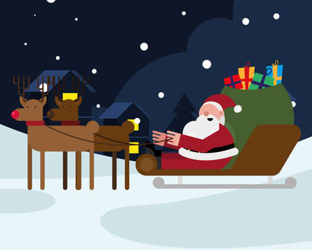 santa claus with gifts bag in sled and reindeer christmas character vector illustration designのイラスト素材