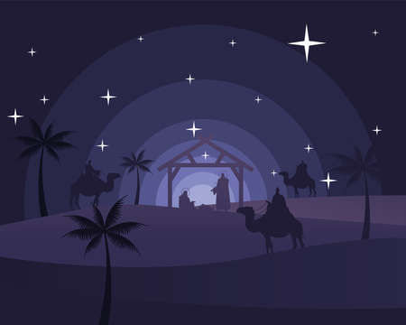 happy merry christmas card with holy family in stable and magic kings in camels silhouette scene vector illustration designのイラスト素材