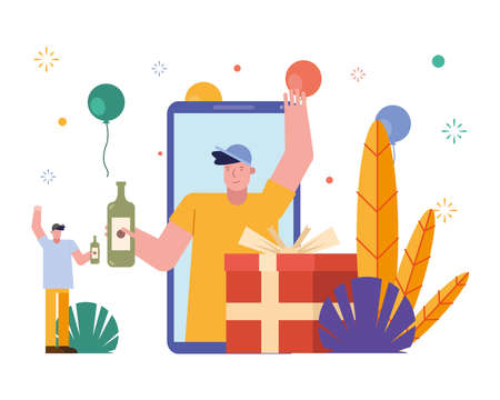 men opening gifts in smartphone characters scene vector illustration designのイラスト素材