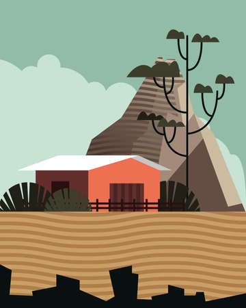 beautiful landcape scene with stable and mountain vector illustration designのイラスト素材