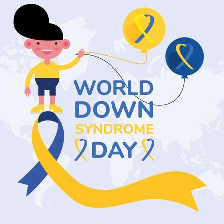 world down syndrome day campaign poster with little boy and balloons helium vector illustration designのイラスト素材