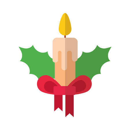 happy merry christmas candle with bow and leafs flat style icon vector illustration designのイラスト素材