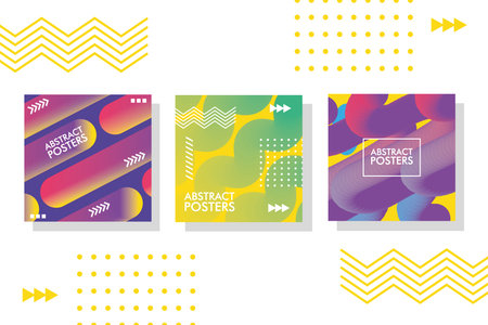 three abstract posters with memphis banners vector illustration design