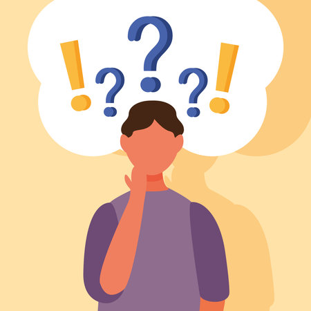 young man doubting with question marks in clouds vector illustration design