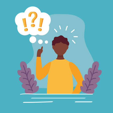 young afro man doubting with question mark in speech cloud vector illustration designのイラスト素材