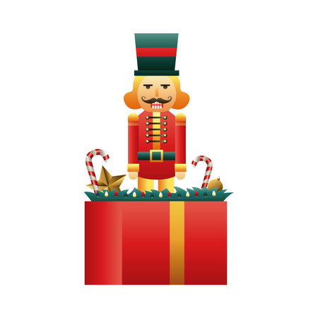 nut cracker soldier christmas toy in giftbox vector illustration design