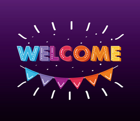 welcome label lettering with garland hanging in purple background vector illustration designのイラスト素材