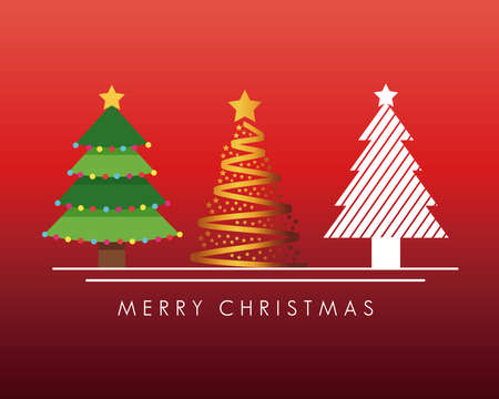 happy merry christmas bundle of trees in red background vector illustration designのイラスト素材