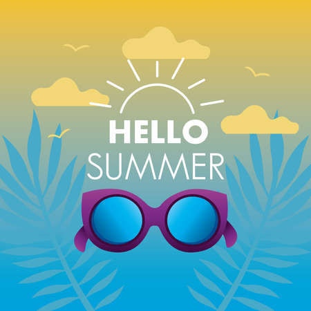 hello summer season lettering with sunglasses in the sea vector illustration designのイラスト素材