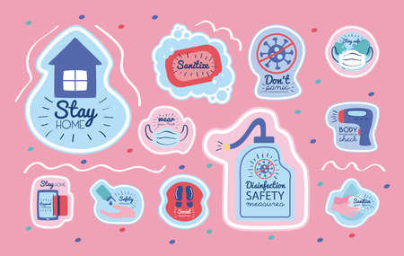 bundle of new normality campaign with letterings and icons in pink background vector illustration designのイラスト素材