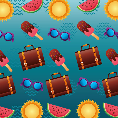 hello summer season with suitcases and icons pattern background vector illustration design
