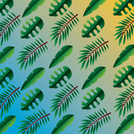 hello summer season with leafs palms pattern background vector illustration design