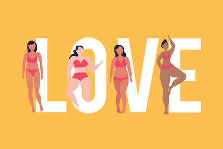love letters with group of girls perfectly imperfect vector illustration designのイラスト素材