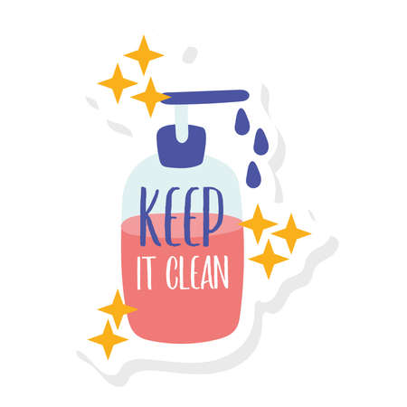 keep it clean lettering campaign with antibacterial soap bottle vector illustration designのイラスト素材