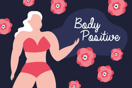 body positive lettering with big woman and flowers perfectly imperfect vector illustration designのイラスト素材