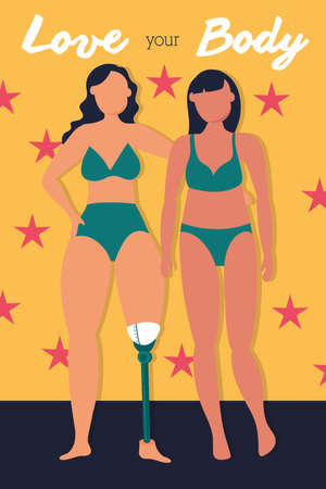 love your body lettering with girls couple perfectly imperfect vector illustration designのイラスト素材