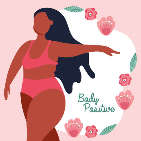 body positive lettering with afro woman and roses perfectly imperfect vector illustration designのイラスト素材