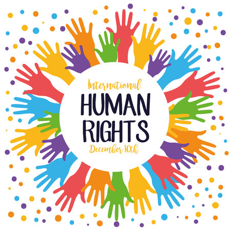 human rights campaign lettering with hands print colors around and dotted vector illustration designのイラスト素材