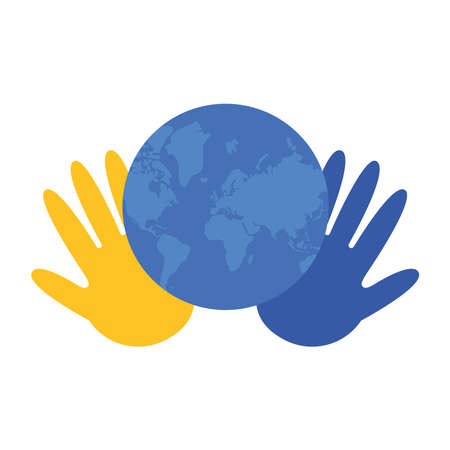 hands print colors yellow and blue syndrome down in world planet vector illustration designのイラスト素材