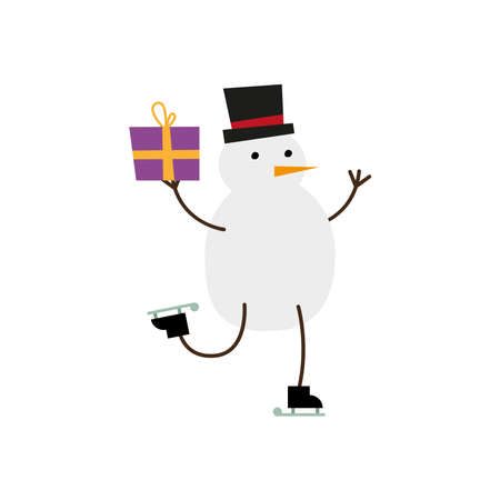 cute snowman with gift in skates vector illustration designのイラスト素材