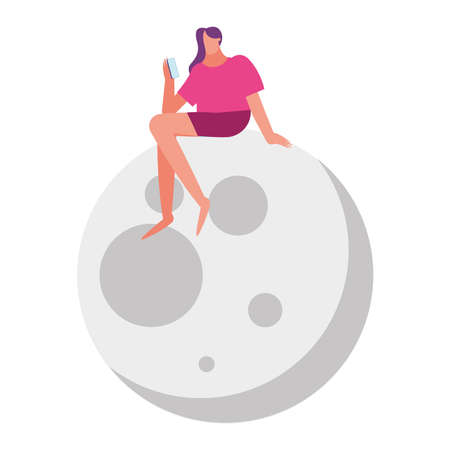 young woman using smartphone with insomnia in moon vector illustration designのイラスト素材