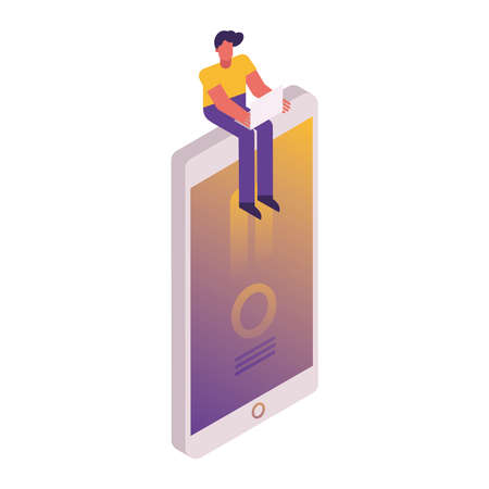 man using laptop seated in smartphone vector illustration designのイラスト素材