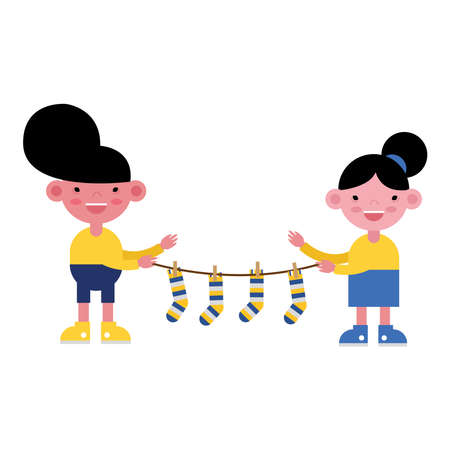 little kids lifting socks with colors stripes down symbol vector illustration designのイラスト素材