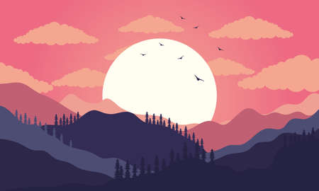 beautiful landscape sunset scene with mountains vector illustration designのイラスト素材